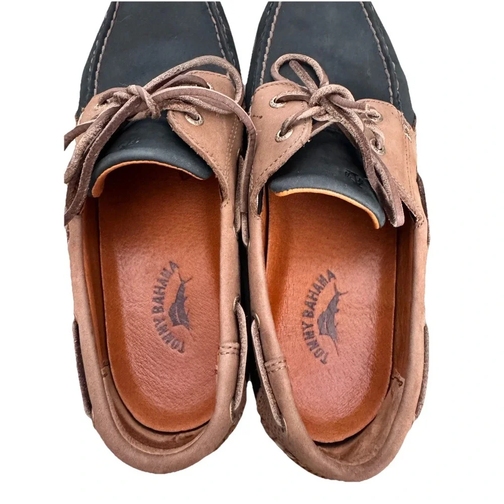 Tommy Bahama Men's‎ Leather Boat Shoes Sz 10 Brown Black Moc Toe Casual Loafers